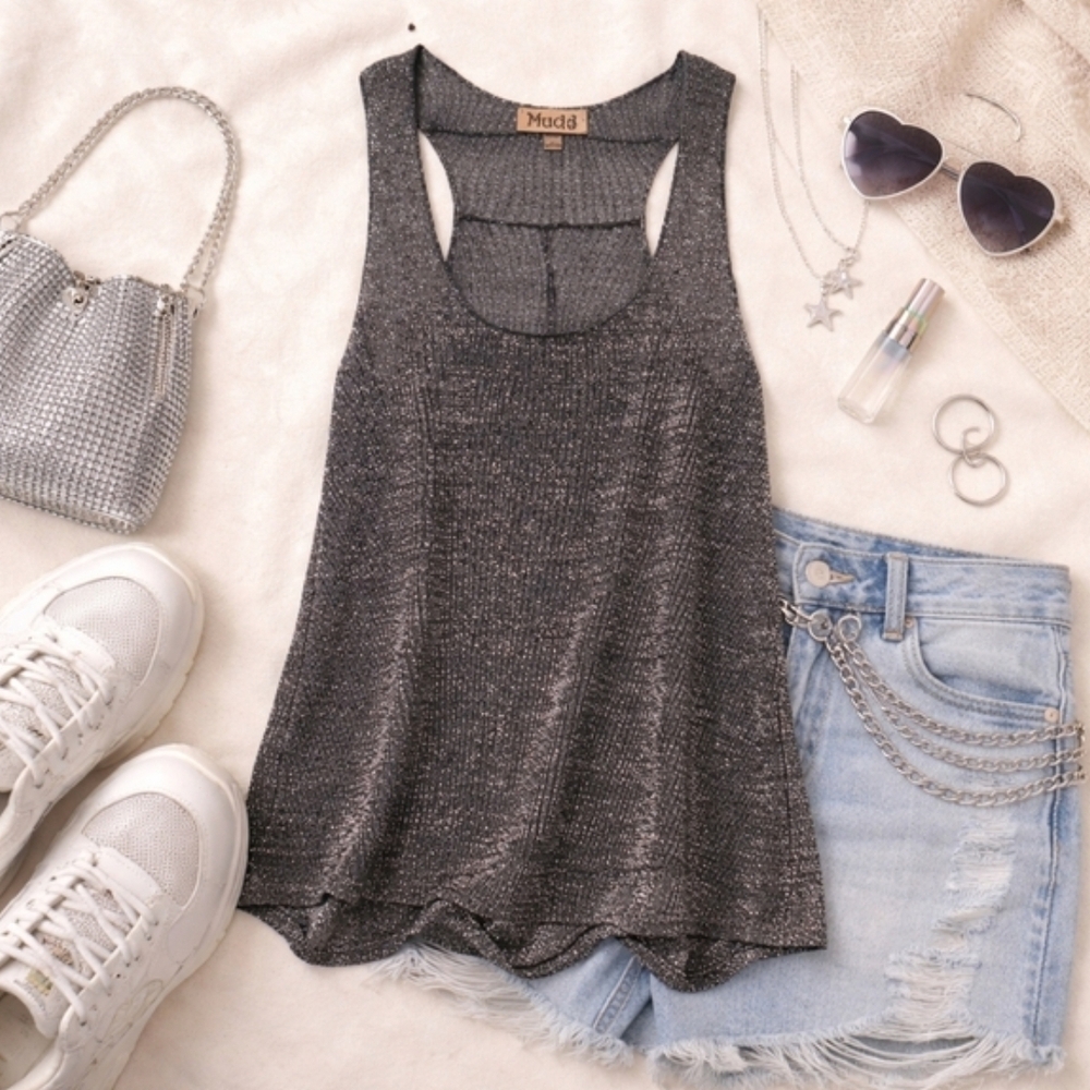 Mudd Metallic Shimmer Tank Top Y2K Grunge Racerback Silver Large